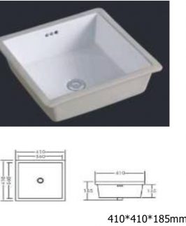 410*410*185mm Square Under Mount with Overflow Ceramic Basin