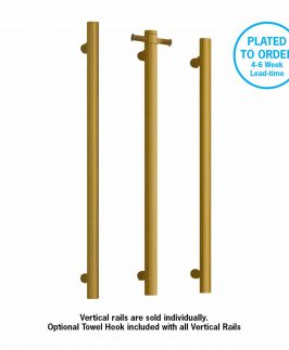 900mm Vertical Round Bar Brushed Brass Plated 30 Watt with Removable Hook Heated Towel Rail